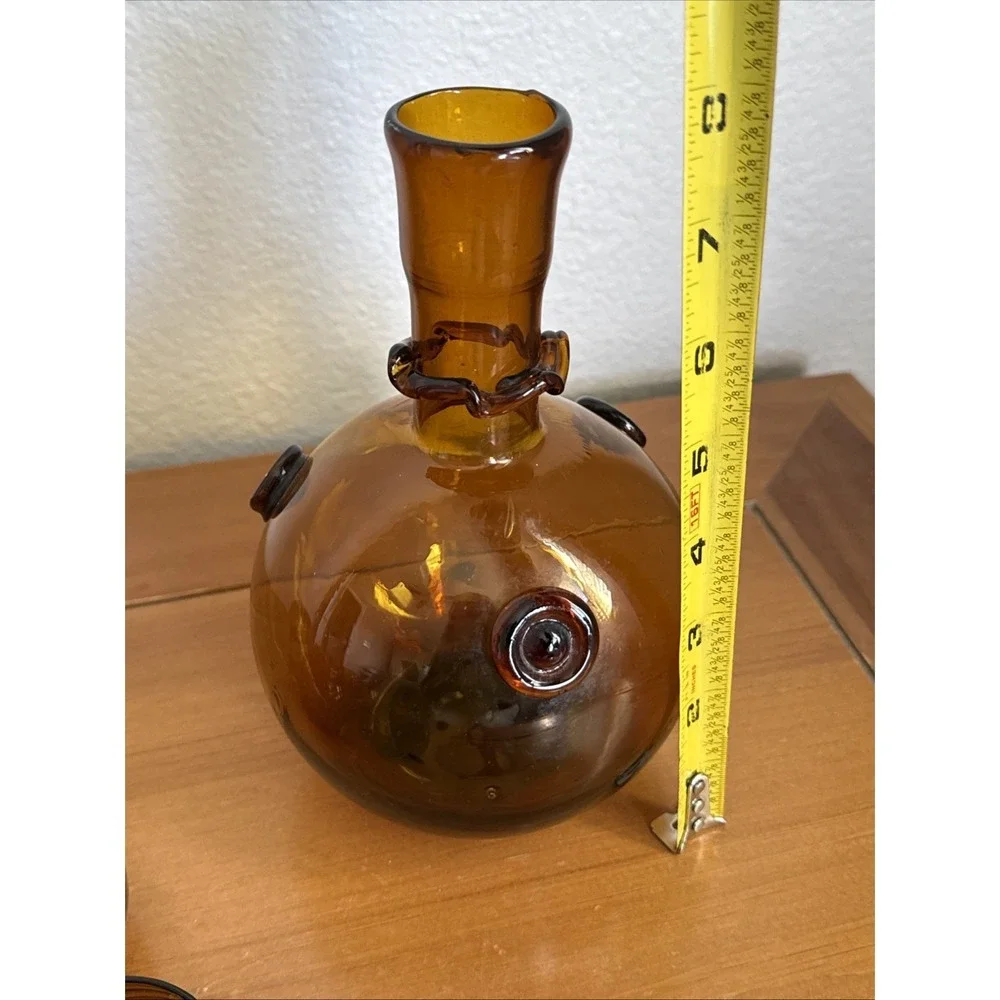 Vtg MCM Spanish Glass Decanter 6 Roly Poly Tumblers Cordial Set Rosettes Amber‎